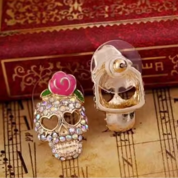 Pink Skull Skeleton Gold Crystal Earrings - Picture 6 of 13